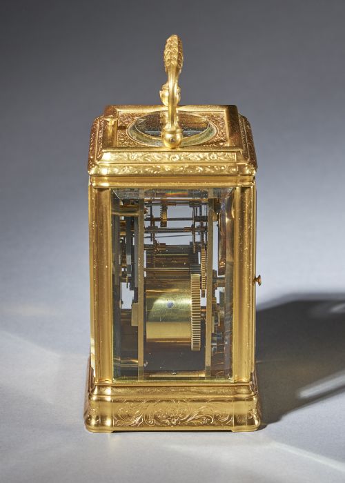 19TH CENTURY GILTBRASS ENGRAVED GORGE CASE STRIKING AND REPEATING CARRIAGE CLOCK - ADDITIONAL PHOTO 5