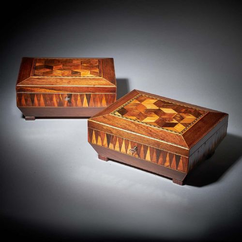 pair of george iv regency specimen wood parquetry boxes of sarcophagus shape - CATEGORY: ANTIQUE BOXES - DATED 19TH CENTURY