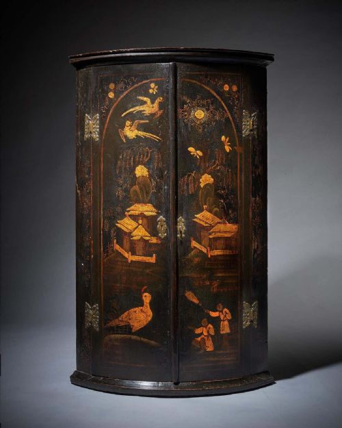 early 18th century queen annegeorge i japanned chinoiserie corner cupboard - CATEGORY: ANTIQUE CUPBOARDS - DATED 18TH CENTURY