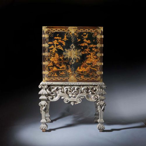 17th century william and mary japanned cabinet on original silver gilt stand - CATEGORY: ANTIQUE CUPBOARDS - DATED 17TH CENTURY