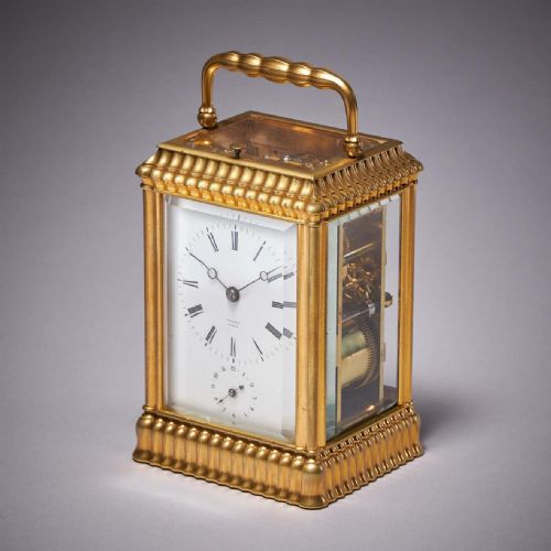 UNUSUAL RIBBED EIGHTDAY REPEATING STRIKING GILTBRASS GORGE CASE CARRIAGE CLOCK - ADDITIONAL PHOTO 1