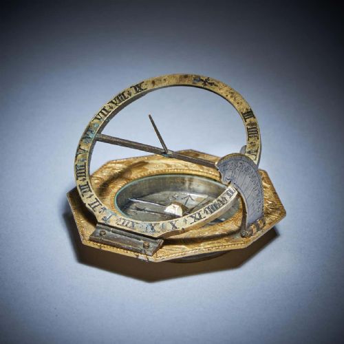 18th century gilt brass and silver pocket or miniature sundial compass with case - CATEGORY: ANTIQUE MISCELLANEOUS - DATED 1750