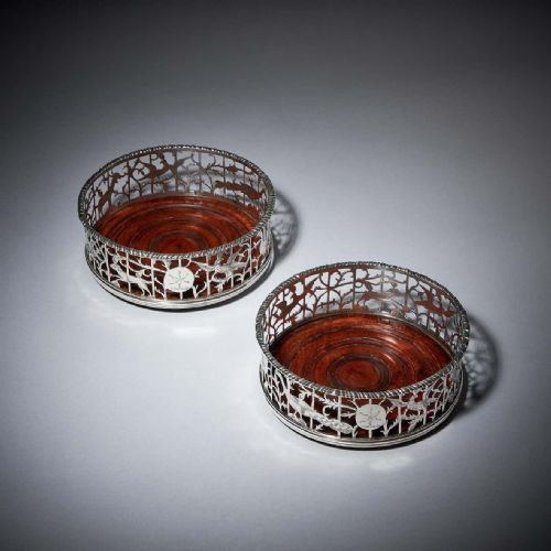 A UNIQUE PAIR OF 18TH CENTURY GEORGE III SILVER ENGRAVED OPEN FRET WINE COASTERS - ADDITIONAL PHOTO 1