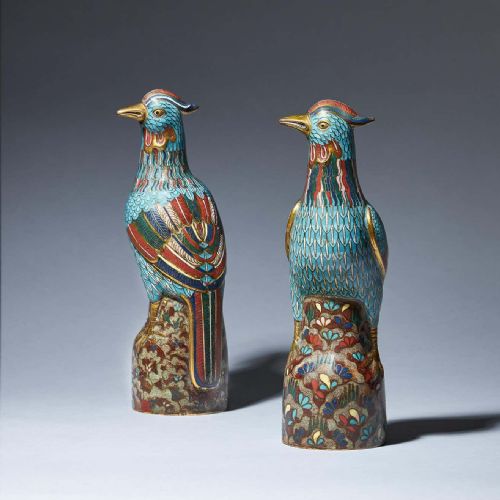 A PAIR OF 19TH CENTURY LATE QING DYNASTY CHINESE CLOISONN PHOENIX FIGURES - ADDITIONAL PHOTO 1