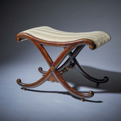 regency antique simulated rosewood gilt lined x frame stool - CATEGORY: ANTIQUE STOOLS - DATED REGENCY