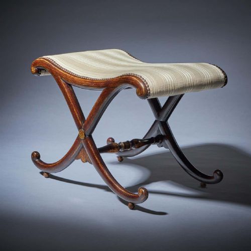 REGENCY ANTIQUE SIMULATED ROSEWOOD GILT LINED X FRAME STOOL - ADDITIONAL PHOTO 2