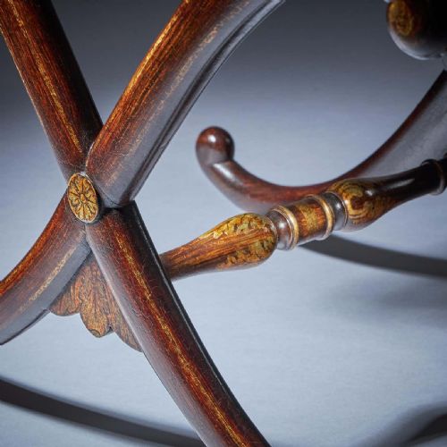 REGENCY ANTIQUE SIMULATED ROSEWOOD GILT LINED X FRAME STOOL - ADDITIONAL PHOTO 3