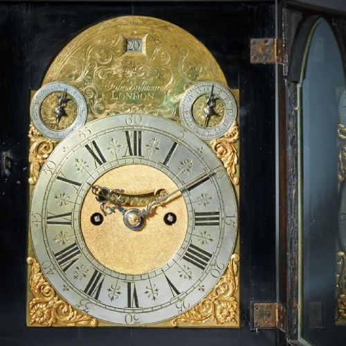 18TH CENTURY GEORGE I EIGHTDAY EBONY TABLE CLOCK WITH PULL REPEAT BY BUSHMAN - ADDITIONAL PHOTO 5