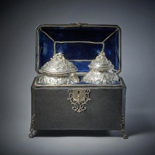 a rare silver mounted george ii shagreen tea caddy with silver rocco canistors - CATEGORY: ANTIQUE SILVER - DATED 18TH CENTURY