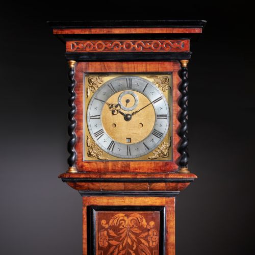 AN EXCEPTIONAL WILLIAM AND MARY 10 INCH MARQUETRY LONGCASE CLOCK BY JAMES CLOWES C 1680 - ADDITIONAL PHOTO 4