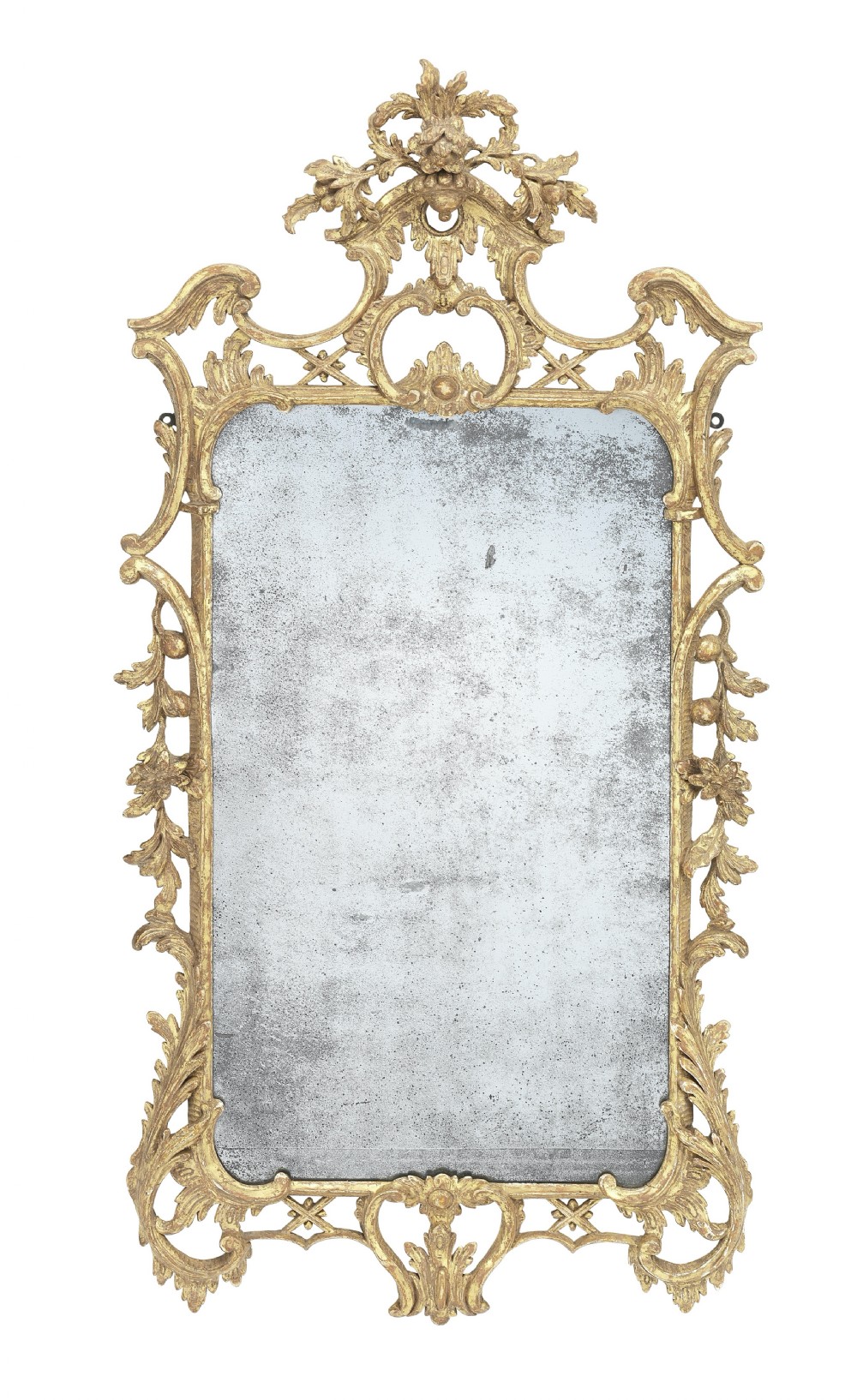 An ornate George III Rococo giltwood wall mirror featuring carved acanthus leaf cresting, scrolling borders, and a foxed mirror plate.