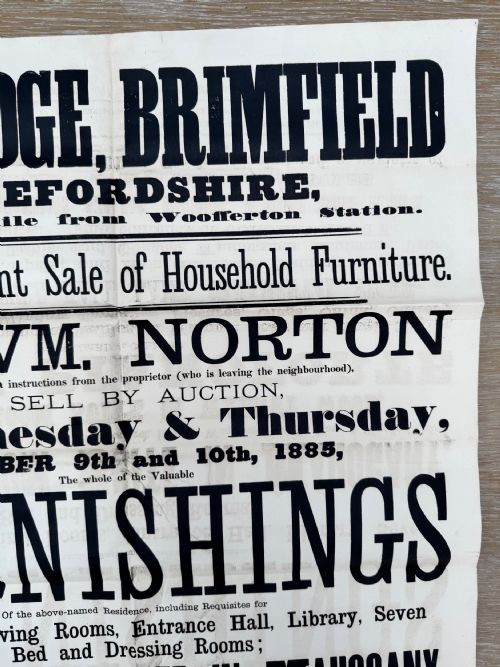 1885 VICTORIAN PRINTED AUCTION POSTER BRIMFIELD HEREFORDSHIRE FURNITURE 3 - ADDITIONAL PHOTO 1