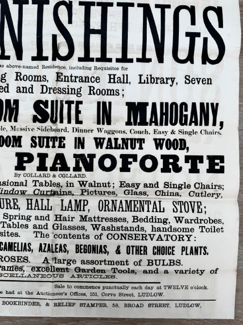 1885 VICTORIAN PRINTED AUCTION POSTER BRIMFIELD HEREFORDSHIRE FURNITURE 3 - ADDITIONAL PHOTO 6