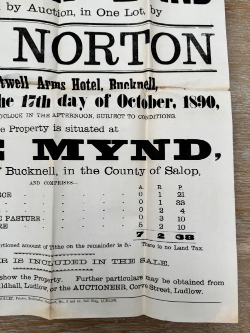 1890 VICTORIAN PRINTED AUCTION POSTER LAND BUCKNELL SHROPSHIRE 5 - ADDITIONAL PHOTO 3