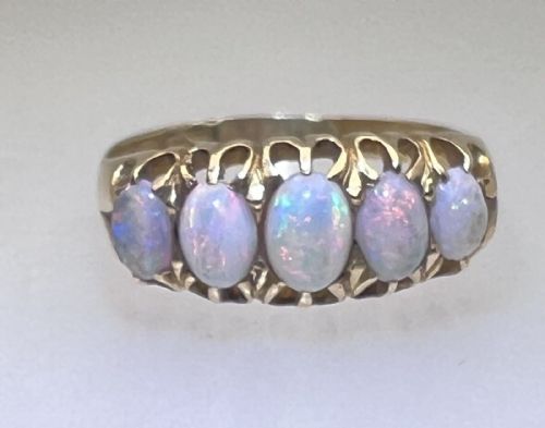 Antique 18ct Gold Natural Oval Opal 5 Stone Half Eternity 