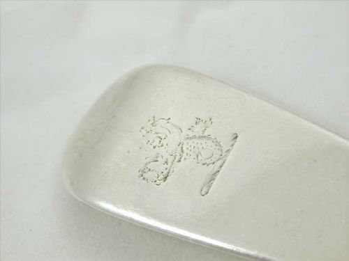fig 3. A set of four antique sterling silver spoons featuring three larger serving spoons and one smaller dessert spoon with polished finish and terminal engravings.