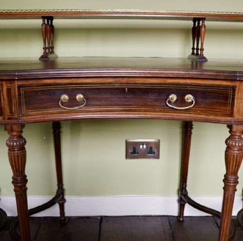 VICTORIAN ROSEWOOD AND BRASS STRUNG WRITING DESK BY COLLINSON LOCK OF LONDON - ADDITIONAL PHOTO 6