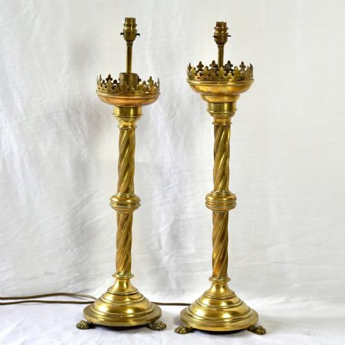 LARGE PAIR OF 19TH CENTURY CONVERTED BRASS ALTAR CANDLESTICK LAMPS - ADDITIONAL PHOTO 1