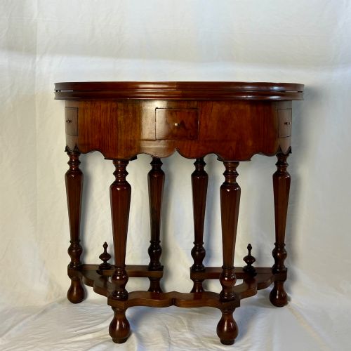 VICTORIAN FIGURED WALNUT FOLDING CARD TABLE DEMILUNE GEORGE I STYLE
