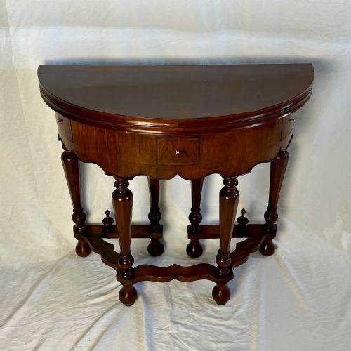 VICTORIAN FIGURED WALNUT FOLDING CARD TABLE DEMILUNE GEORGE I STYLE - ADDITIONAL PHOTO 1