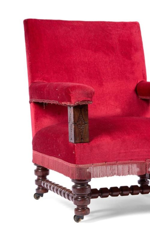 PAIR OF OVERSIZED VICTORIAN OAK AND RED VELVET ARMCHAIRS - ADDITIONAL PHOTO 1