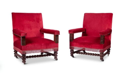 PAIR OF OVERSIZED VICTORIAN OAK AND RED VELVET ARMCHAIRS