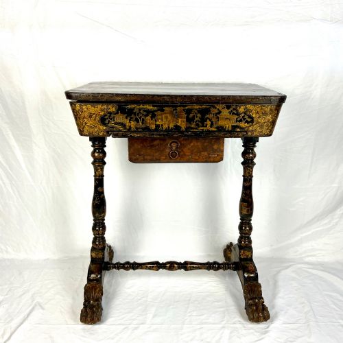 REGENCY CHINESE EXPORT BLACK GILT LACQUER WORK TABLE SEWING TABLE