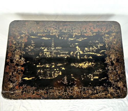 REGENCY CHINESE EXPORT BLACK GILT LACQUER WORK TABLE SEWING TABLE - ADDITIONAL PHOTO 1