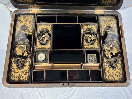 REGENCY CHINESE EXPORT BLACK GILT LACQUER WORK TABLE SEWING TABLE - ADDITIONAL PHOTO 2