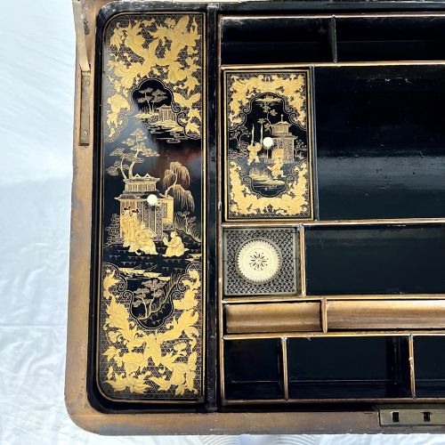 REGENCY CHINESE EXPORT BLACK GILT LACQUER WORK TABLE SEWING TABLE - ADDITIONAL PHOTO 3