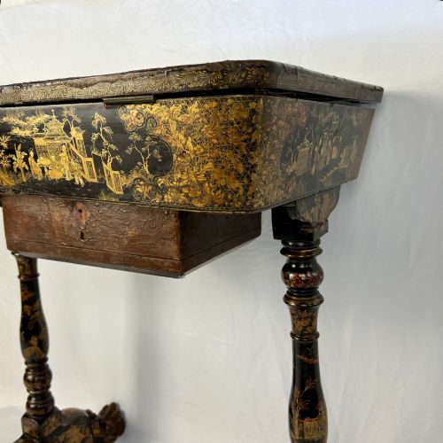 REGENCY CHINESE EXPORT BLACK GILT LACQUER WORK TABLE SEWING TABLE - ADDITIONAL PHOTO 12