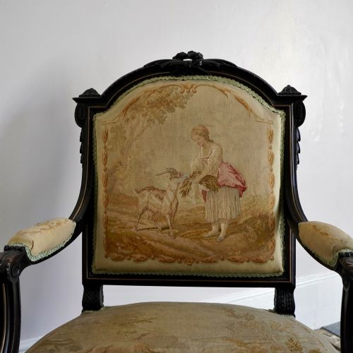 PAIR OF FRENCH LOUIS XVI REVIVAL EBONISED BEECH SALON ARMCHAIRS FOOTSTOOLS C1870 - ADDITIONAL PHOTO 2