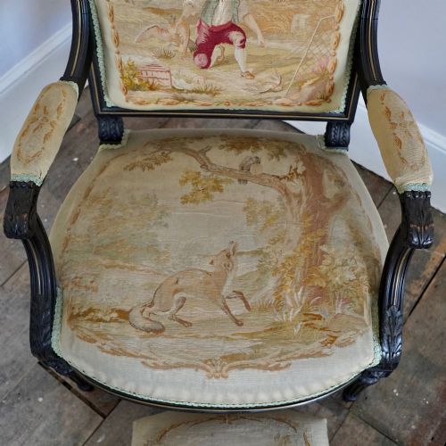 PAIR OF FRENCH LOUIS XVI REVIVAL EBONISED BEECH SALON ARMCHAIRS FOOTSTOOLS C1870 - ADDITIONAL PHOTO 3