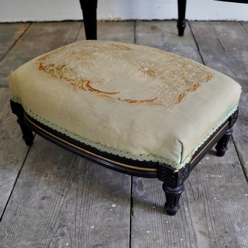 PAIR OF FRENCH LOUIS XVI REVIVAL EBONISED BEECH SALON ARMCHAIRS FOOTSTOOLS C1870 - ADDITIONAL PHOTO 8