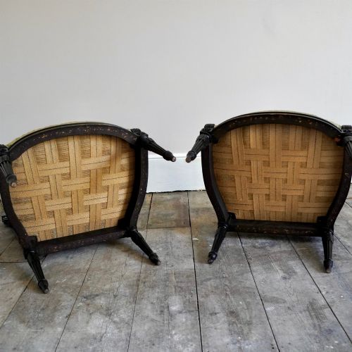 PAIR OF FRENCH LOUIS XVI REVIVAL EBONISED BEECH SALON ARMCHAIRS FOOTSTOOLS C1870 - ADDITIONAL PHOTO 9