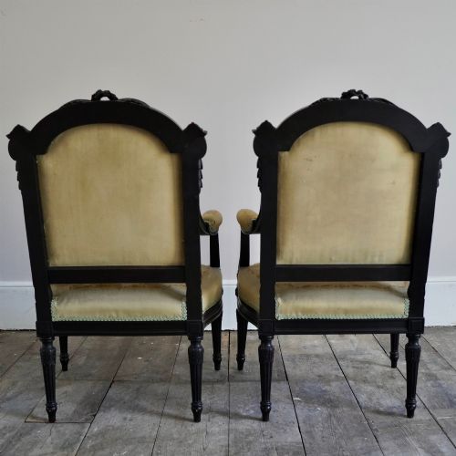 PAIR OF FRENCH LOUIS XVI REVIVAL EBONISED BEECH SALON ARMCHAIRS FOOTSTOOLS C1870 - ADDITIONAL PHOTO 10