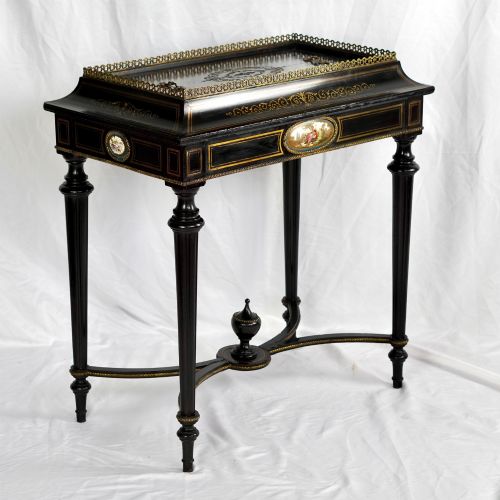 FRENCH NAPOLEON III EBONISED JARDINIRE STAND WITH PAINTED PORCELAIN PLAQUES