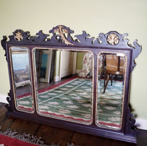 LARGE VICTORIAN MAHOGANY CHIPPENDALE REVIVAL TRIPTYCH OVERMANTEL MIRROR WITH HOHO BIRD CRESTING - ADDITIONAL PHOTO 4