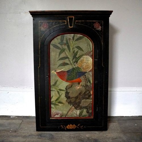 ORIENTAL STYLE EBONISED PAINTED WALL CUPBOARD CABINET WITH HAND PAINTED BIRD KEY
