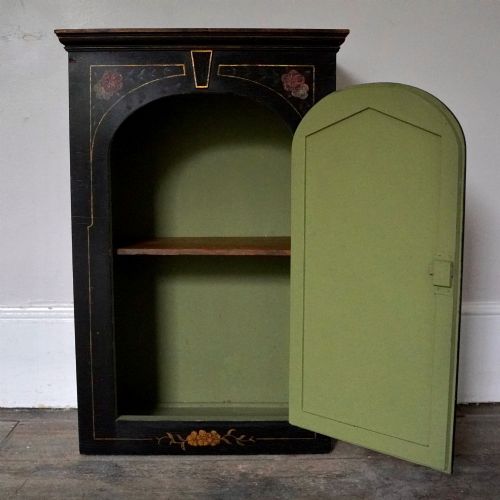 ORIENTAL STYLE EBONISED PAINTED WALL CUPBOARD CABINET WITH HAND PAINTED BIRD KEY - ADDITIONAL PHOTO 1