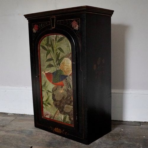 ORIENTAL STYLE EBONISED PAINTED WALL CUPBOARD CABINET WITH HAND PAINTED BIRD KEY - ADDITIONAL PHOTO 2