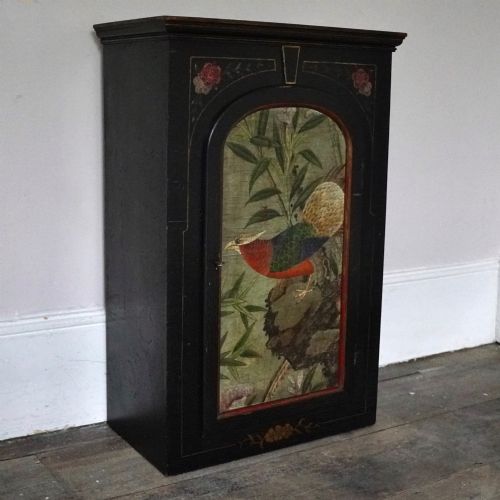 ORIENTAL STYLE EBONISED PAINTED WALL CUPBOARD CABINET WITH HAND PAINTED BIRD KEY - ADDITIONAL PHOTO 3
