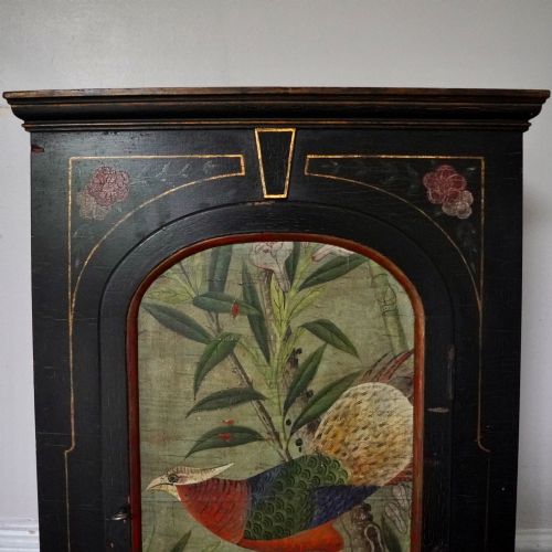 ORIENTAL STYLE EBONISED PAINTED WALL CUPBOARD CABINET WITH HAND PAINTED BIRD KEY - ADDITIONAL PHOTO 5