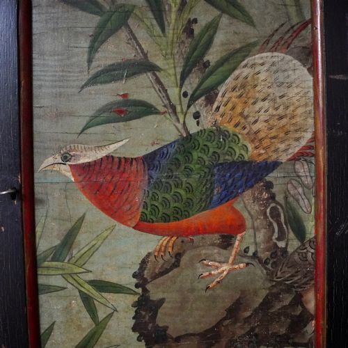 ORIENTAL STYLE EBONISED PAINTED WALL CUPBOARD CABINET WITH HAND PAINTED BIRD KEY - ADDITIONAL PHOTO 7