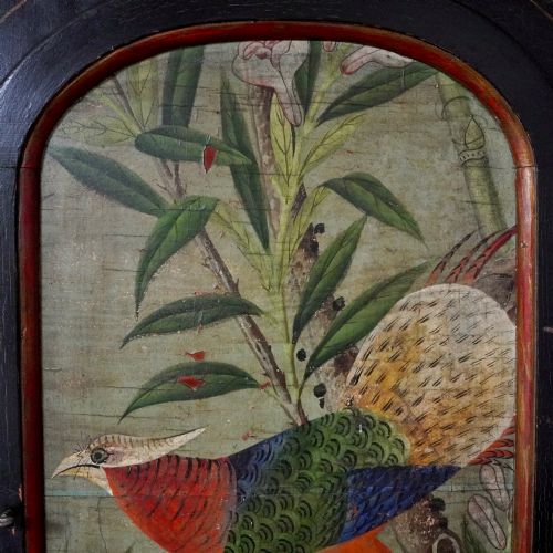 ORIENTAL STYLE EBONISED PAINTED WALL CUPBOARD CABINET WITH HAND PAINTED BIRD KEY - ADDITIONAL PHOTO 8