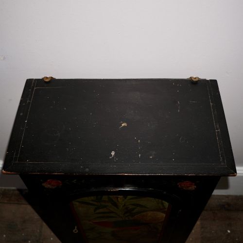 ORIENTAL STYLE EBONISED PAINTED WALL CUPBOARD CABINET WITH HAND PAINTED BIRD KEY - ADDITIONAL PHOTO 14