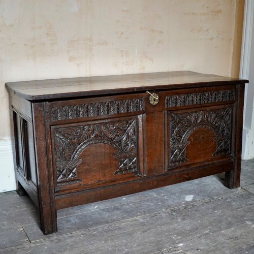 17TH CENTURY CARVED JOINED OAK COFFER BLANKET CHEST