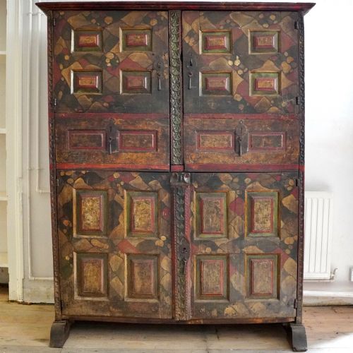 EXCEPTIONAL 17TH CENTURY SPANISH BASQUE POLYCHROME PAINTED OAK LINEN PRESS CUPBOARD C1680