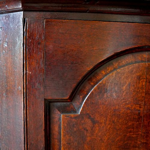 fig 4. A dark oak George III wall-hanging corner cupboard featuring an arched fielded panel door, moulded cornice, and brass escutcheon.