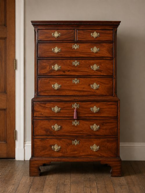 George III Mahogany Chest on Chest with Oak-Lined Drawers, Late 18th Century
